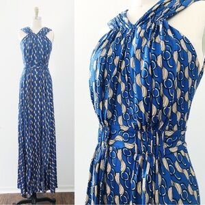Issa London • Gathered Long Gown maxi dress sleeveless blue rayon jersey chain